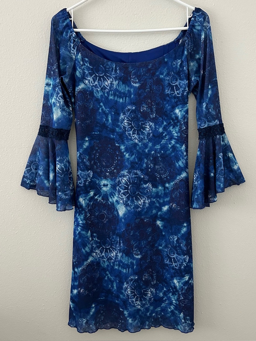 Vintage City Triangles Blue Bell Sleeve Mesh Dress Size S Y2K 90s Fairy Grunge